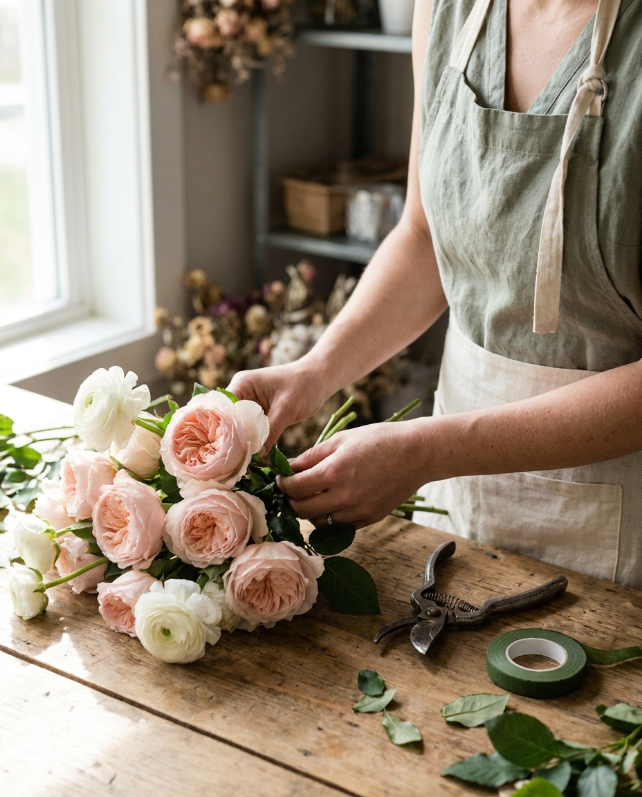 Manos preparando un ramo de rosas y ranúnculos en el taller de Gonzaga Floristas