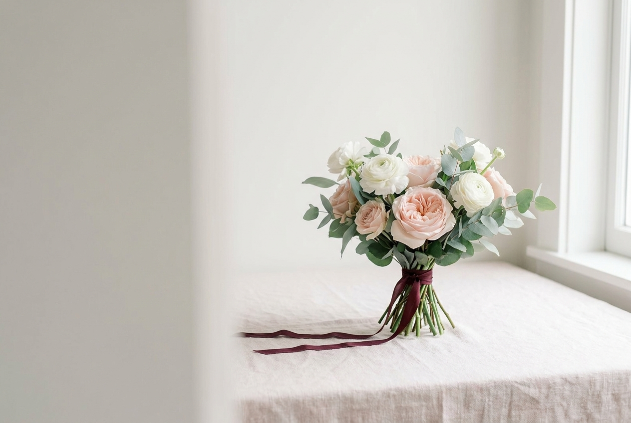 Ramo de flor fresca en tonos rosa palo y blanco, atado con un lazo granate, Gonzaga Floristas