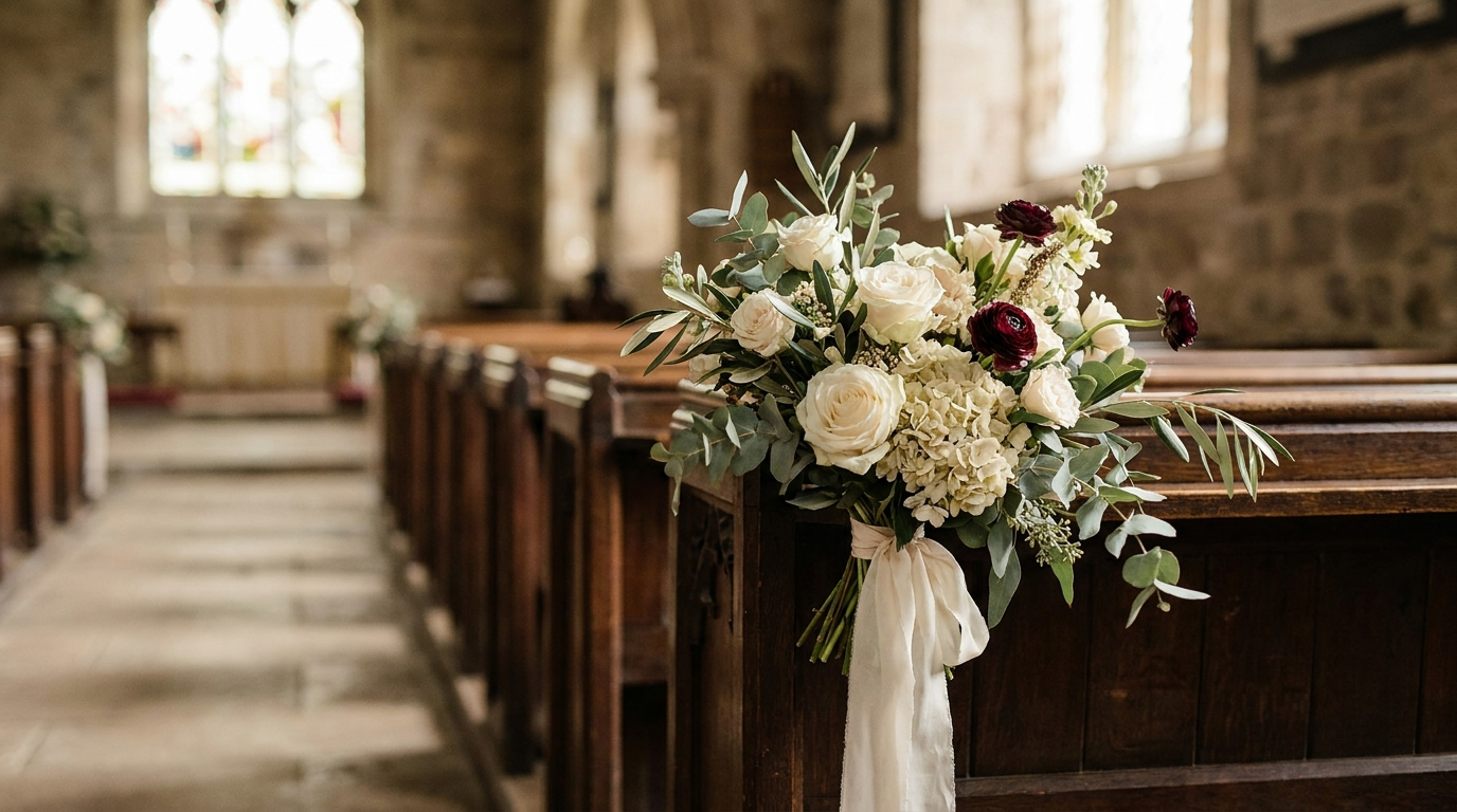 Decoración floral de boda en un banco de iglesia, flores blancas y follaje de salvia